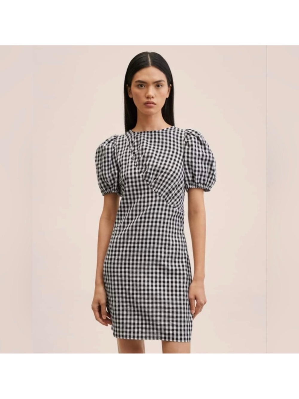 NWT Mango Black and White Gingham Puff-Sleeve Dress SIZE SMALL
